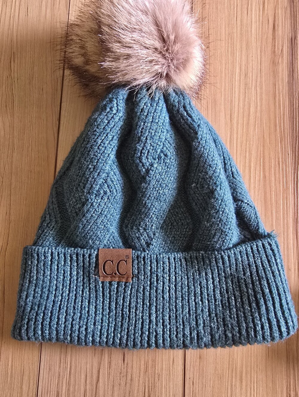 CC Teal Cable Knit Pom Beanie